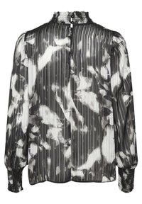 Half-doorzichtig zwart-wit blouse met verticale strepen en abstracte marmerpatronen. Heeft een hoge ruches halslijn en elastische manchetten.