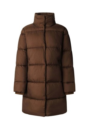 Brown puffer jacket with a high collar. Features a quilted design, wide sleeves, and a straight cut. Made from a smooth, lightweight material.