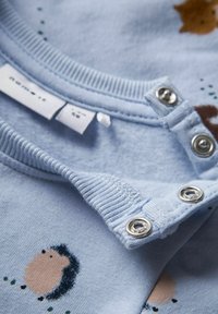 Gai zils kokvilnas krekls ar dzīvnieku rakstiem, tostarp ezīšiem, ar ribinātu apkakli un sudraba spiedpogām aizdarē.