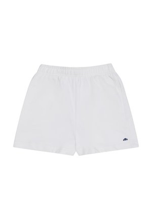 Shorts de sport blancs à taille élastique avec poches latérales et un petit logo bleu marine sur la jambe inférieure droite.