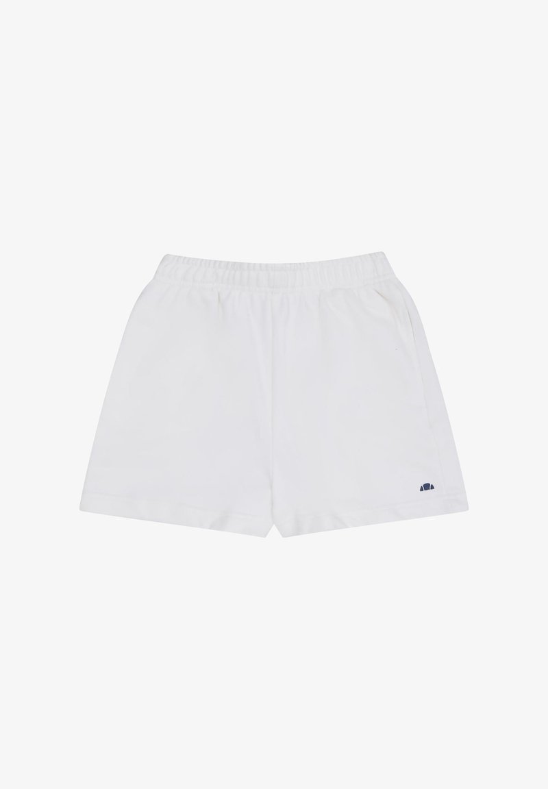 Shorts de sport blancs à taille élastique avec poches latérales et un petit logo bleu marine sur la jambe inférieure droite.