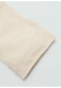 Light beige woolen vest with a soft texture, featuring a v-neck design and three pastel buttons on the front for closure.