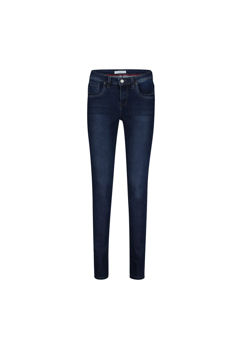 Slankt fit jeans lavet af mørkeblå denim, med et klassisk fem-lomme design, foran med knaplukning og broderede detaljer.