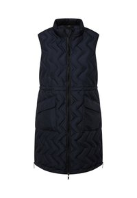 Marineblaue gesteppte Weste mit hohem Kragen, vorderem Reißverschluss und zwei Klappentaschen. Mit Zickzacknähten und seitlichen Reißverschlüssen am Saum.