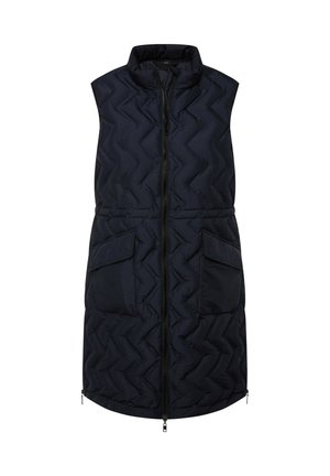 Gilet imbottito blu navy con colletto alto, chiusura frontale con zip e due tasche a pattina. Presenta cuciture a zigzag e zip laterali all'orlo.