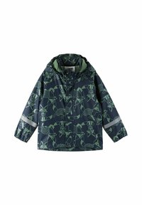 Giacca impermeabile blu navy con motivo di animali verdi, dotata di cappuccio, polsini elastici, striscia riflettente e chiusura sicura.