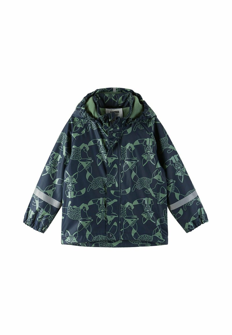 Giacca impermeabile blu navy con motivo di animali verdi, dotata di cappuccio, polsini elastici, striscia riflettente e chiusura sicura.