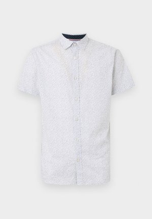 Camicia a maniche corte con bottoni di colore azzurro chiaro, decorata con un piccolo motivo a pois neri, dotata di colletto alla francese e orlo dritto.