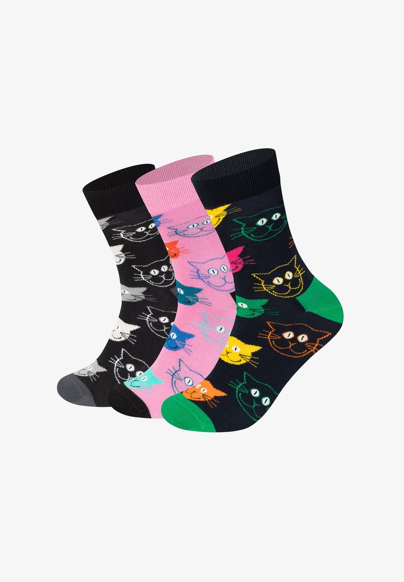 Três pares de meias de algodão com rostos de gatos coloridos em preto, rosa e azul escuro, com várias cores de gatos e expressões brincalhonas.
