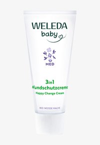 Biała tuba z teksturowaną nakrętką, z zielonym i fioletowym tekstem. Zawiera logo "Weleda baby" oraz szczegóły "3in1 Wundschutzcreme".