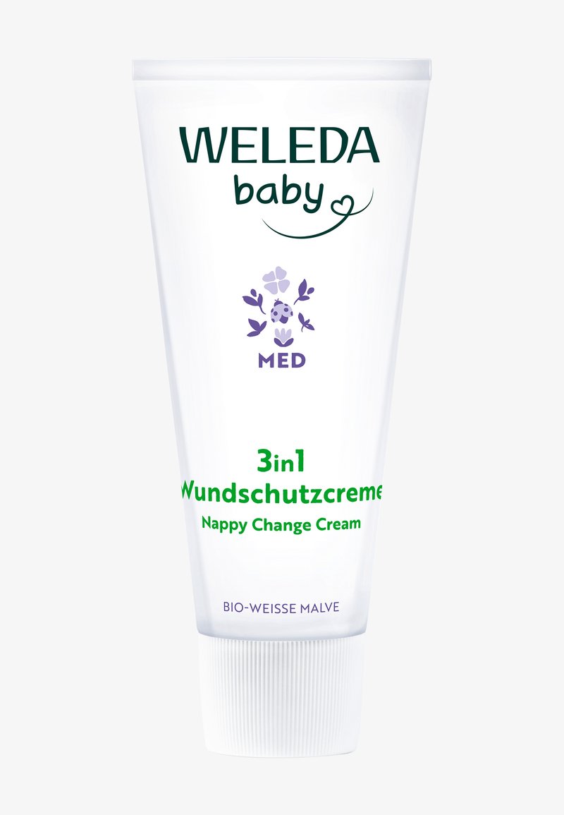 Biała tuba z teksturowaną nakrętką, z zielonym i fioletowym tekstem. Zawiera logo "Weleda baby" oraz szczegóły "3in1 Wundschutzcreme".