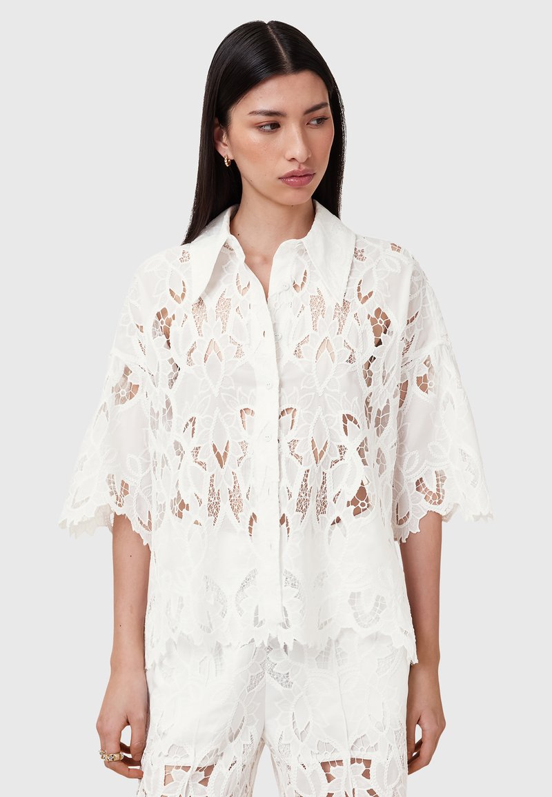 Camicia bianca in pizzo con colletto, maniche corte e larghe, e motivi floreali intricati, con chiusura a bottoni e tessuto trasparente.