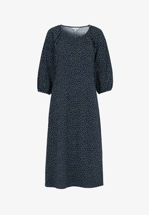 Marineblauwe midi-jurk met witte polkadots, ronde halslijn en driekwart pofmouwen met elastische manchetten.