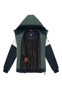 Kapuzenshirt mit einem mehrfarbigen Design in Grüntönen, Marineblau und Weiß, einer Polyesteraußenseite und einem strukturierten schwarzen Innenfutter.