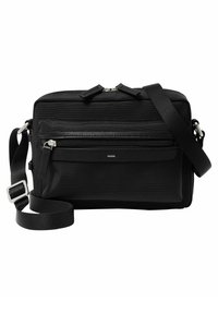 Borse a tracolla nera in materiale tecnico resistente, con scomparto principale con zip, tasca frontale, tracolla regolabile e dettagli in argento.