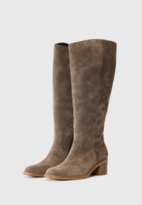 Knöchelhöhe Stiefel aus taupefarbenem Wildleder mit glatter Textur, runder Zehenpartie und Blockabsatz. Merkmale sind dezente Nähte und ein seitlicher Reißverschluss.