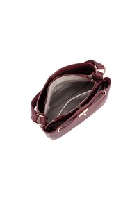 Borsa a mano in pelle bordeaux con hardware dorato. Presenta una chiusura con zip, due scomparti interni e una finitura testurizzata.