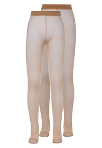 Beige strømpebukser lavet af gennemsigtigt, glat materiale. Hel længde med blød talje og uden synlige sømme. Gennemsigtig finish.
