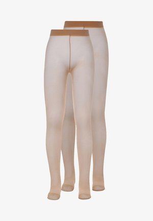 Beige Strumpfhosen aus transparentem, glattem Material. Vollständig mit einem weichen Bund und ohne sichtbare Nähte. Transparenter Abschluss.
