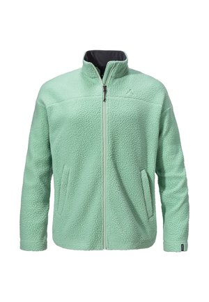 Hellgrüne Fleecejacke mit hohem Kragen, Reißverschluss und zwei Seitentaschen. Verfügt über einen strukturierten Stoff und ein dezentes Branding-Detail.