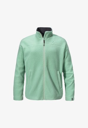 Light green fleece jacket with a high collar, zipper closure, and two side pockets. Features a textured fabric and subtle branding detail.