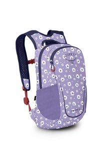 Mochila morada con un patrón floral que presenta margaritas blancas y acentos rojos. Correas de hombro de malla y un bolsillo externo para almacenamiento.