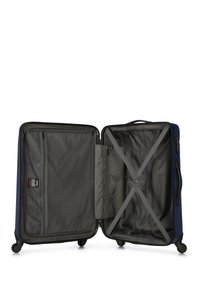 Valigia rigida blu con chiusura a zip, aperta per mostrare un interno in tessuto grigio, con cinghie elastiche incrociate e una tasca a rete per l'organizzazione.