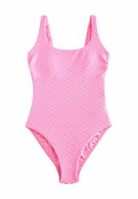 Maillot de bain une pièce de couleur rose vif avec un motif texturé en zigzag. Caractéristiques d'épaules larges et d'un décolleté classique et arrondi. Doublure intérieure lisse.