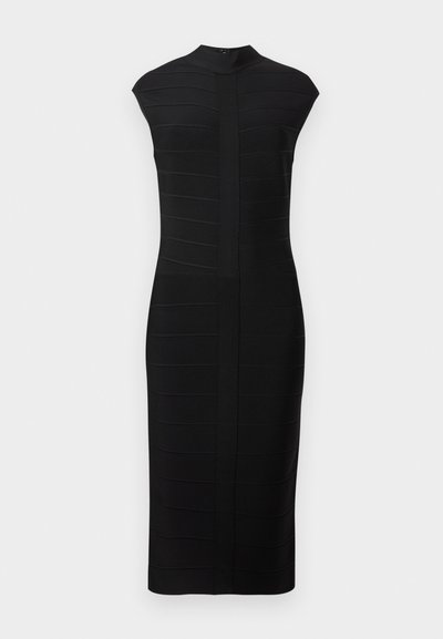 Black fitted dress with cap sleeves, mock neck, and horizontal ribbed texture. Knee-length with a straight silhouette and central seam detail.