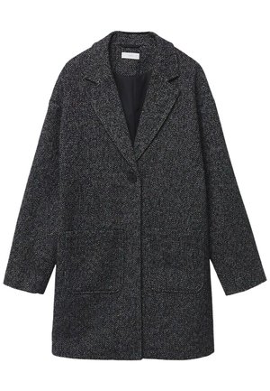 Manteau en laine gris foncé avec motif discret tacheté blanc, fermeture à un seul bouton noir, col à revers cranté et deux poches plaquées devant.