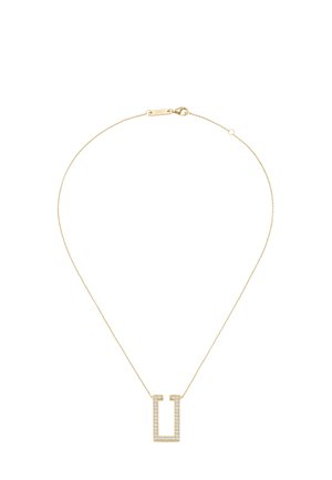 Goldkette mit rechteckigem, offenem Anhänger, besetzt mit kleinen klaren Steinen, zentral vor weißem Hintergrund.