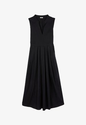 Zwarte mouwloze midi-jurk met V-halslijn en geplooide rok, getailleerde pasvorm met lichte uitlopende zoom.