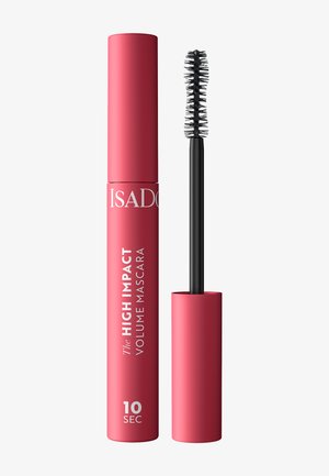 Rosa Tube der IsaDora High Impact Volume Mascara mit schwarzer Bürsten-Applikator daneben, vor weißem Hintergrund.