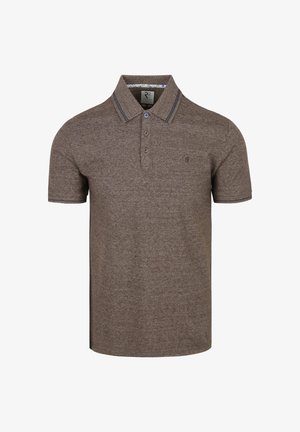 Bruine poloshirt van textuurstof, met tweeknolsluiting, contrasterende accenten op de kraag en mouwen, subtiele logo op de borst.