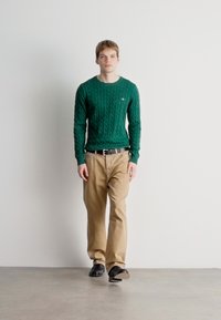 Πράσινη πλεκτή μπλούζα με στρογγυλή λαιμόκοψη, σε συνδυασμό με μπεζ παντελόνι και μαύρα παπούτσια. Το μοντέλο στέκεται μπροστά από μια απλή ανοιχτόχρωμη επιφάνεια.