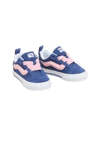 Blaue Wildledersneaker mit rosa Schnürsenkeln, runde Zehenpartie und weißen Gummisohlen. Zweifarbiger Design und strukturierte Oberseite.