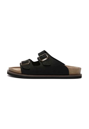 Sandales noires à glissière avec deux boucles réglables, une semelle en liège et une semelle en caoutchouc durable avec un accent marron.