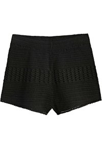 Shorts en crochet noir avec des bandes texturées et des bords festonnés. Dotés d'une taille haute et d'une silhouette ajustée.