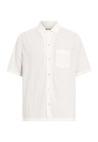Chemise blanche à manches courtes en tissu texturé, avec une fermeture à boutons, un col pointu et une poche poitrine.