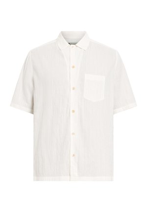 Witte shirt met korte mouwen, gemaakt van gebroken stof, met een knoopsluiting aan de voorkant, een puntige kraag en een enkele borstzak.