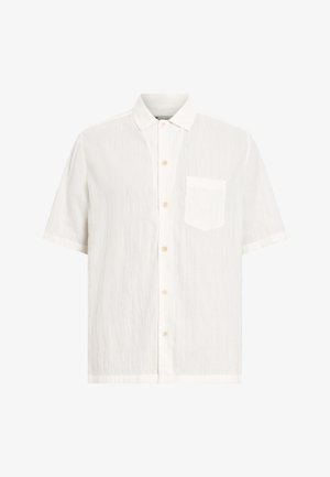 Witte shirt met korte mouwen, gemaakt van gebroken stof, met een knoopsluiting aan de voorkant, een puntige kraag en een enkele borstzak.