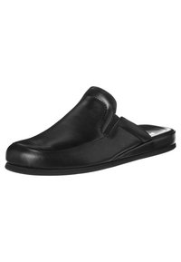Sort læder slip-on sko med rund tå, syet detaljer og flad gummisål. Har et minimalistisk design og blød tekstur.
