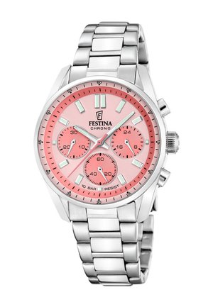 Stříbrné kovové chronografické hodinky Festina s růžovým ciferníkem, třemi subciferníky, luminiscenčními ručičkami a náramkem s propojenými články.