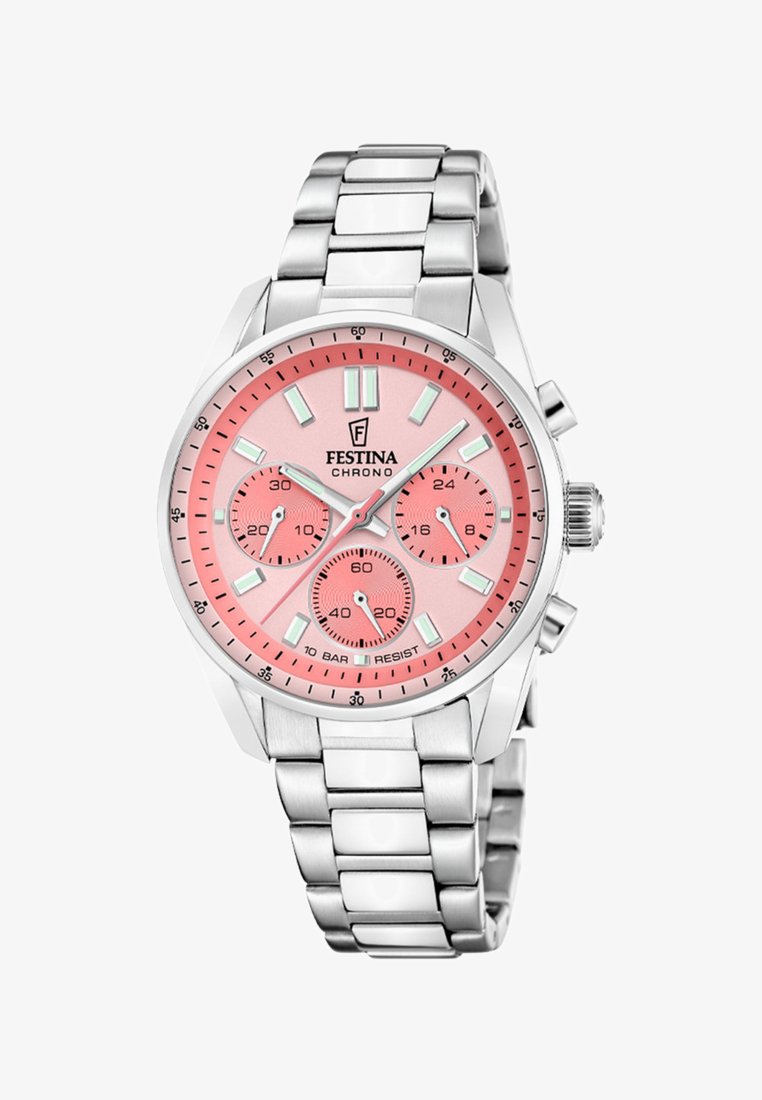 Stříbrné kovové chronografické hodinky Festina s růžovým ciferníkem, třemi subciferníky, luminiscenčními ručičkami a náramkem s propojenými články.