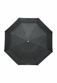 Parapluie noir avec huit panneaux, texture de tissu lisse, quincaillerie circulaire au centre, et logo "BOSS" imprimé sur le bord inférieur.