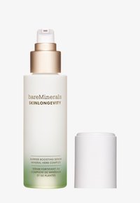 Siero Barrier Boosting Skinlongevity di BareMinerals in un flacone bianco opaco con un tappo dorato, caratterizzato da una gradazione di verde alla base; includere un erogatore bianco.