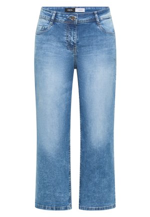 Lichtblauwe denim cropped jeans met vervaging op de dijen, voorknop- en ritssluiting en voorzakken.