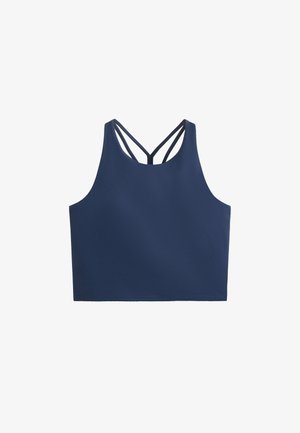 Sötétkék, sima textúrájú crop top, melynek hátán több vékony pánt található, keresztezett dizájnnal. Nincsenek látható minták vagy kiegészítések.