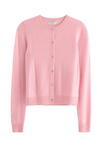 Lyserød cardigan lavet af blødt strikkemateriale, med rund halsudskæring, knaplukning og lange ærmer med ribbede manchetter.