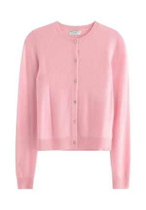 Cardigan rosa realizzato in morbido materiale a maglia, con scollo tondo, chiusura con bottoni e maniche lunghe con polsini a costine.
